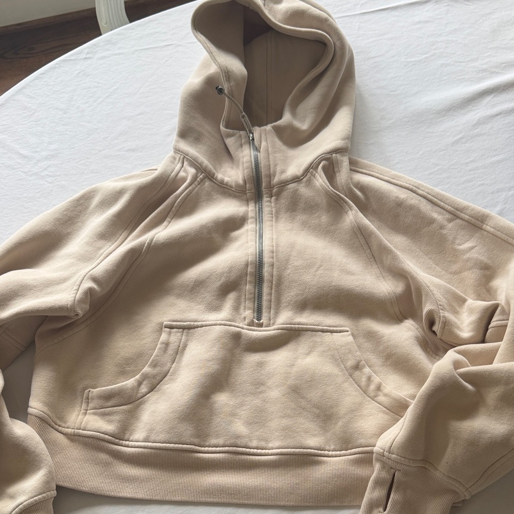 Lululemon Scuba Cropped Half-Zip Hooded Sweatshirt in Soft Beige